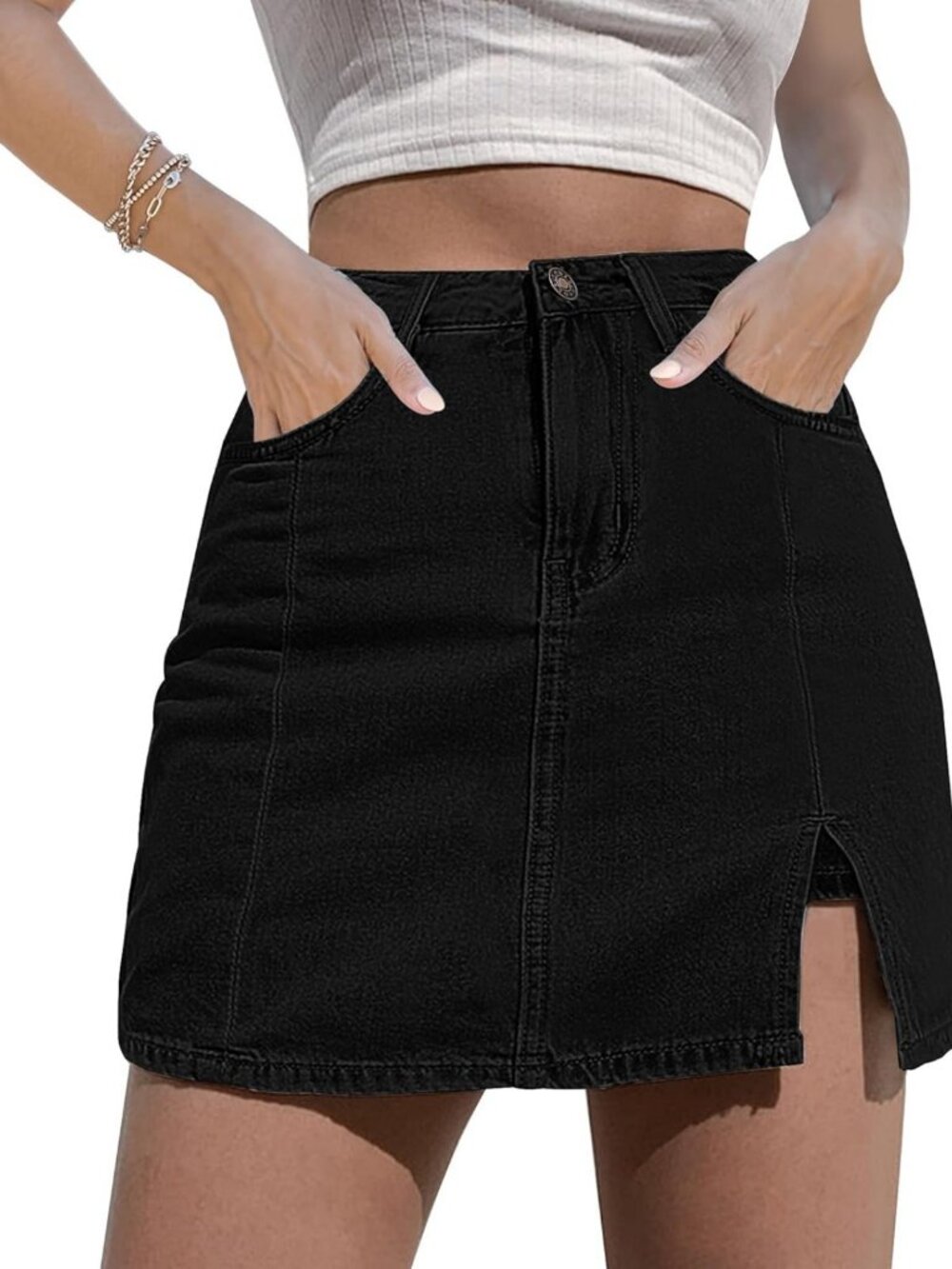 High Waisted Stretchy Denim Jean Skort for Women - Mini Skirt with Side Slit